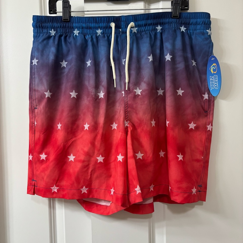 Wave Zone NWT Red White And Blue Star Swim Trunks Large 4th Of July Memorial Day